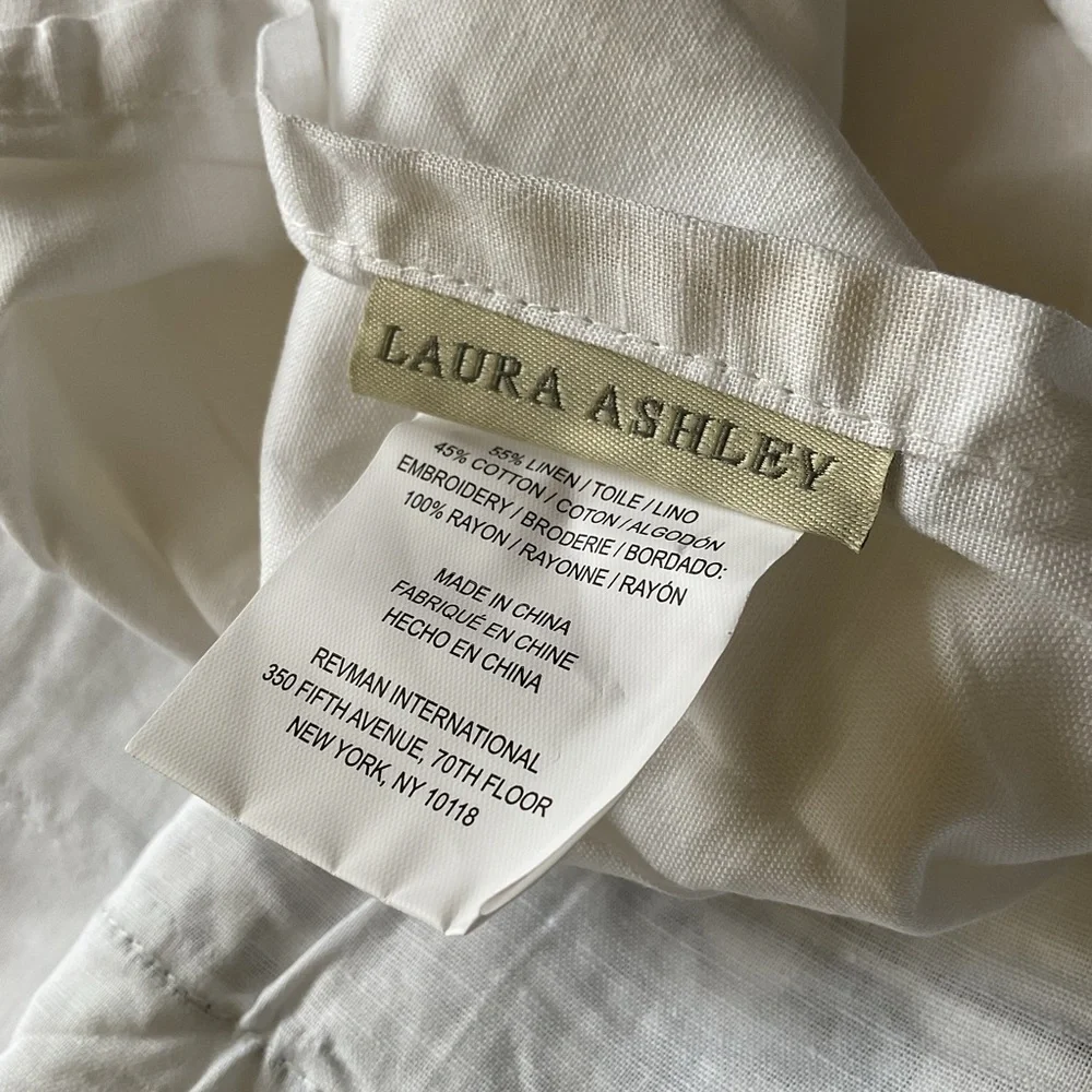 LAURA ASHLEY EUROPEAN PILLOW SHAM LINEN AND COTTON WHITE WITH BLUE EMBROIDERY